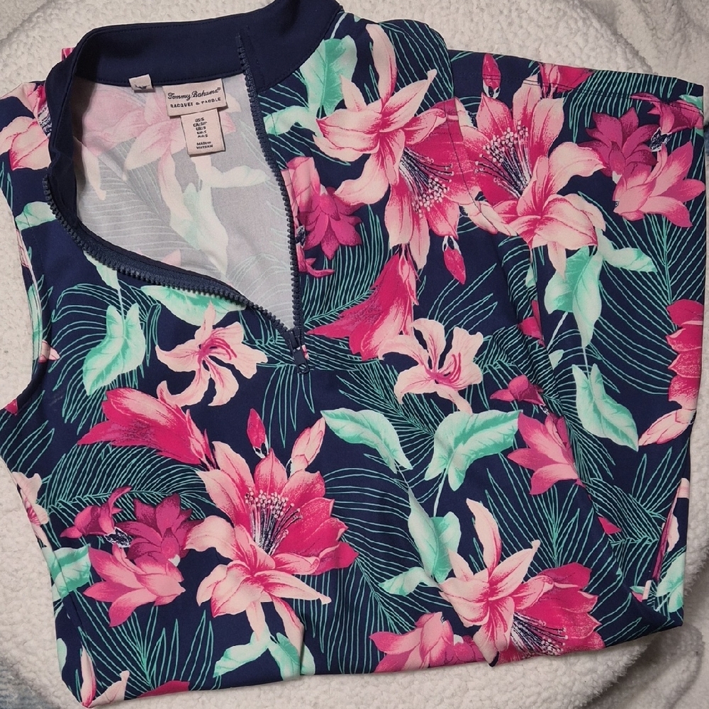 Tommy Bahama Navy Floral Blouse with Pink and Green Accents